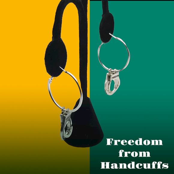 Freedom from handcuffs charmed hoop earrings. 1.12"  NA AA CA Recovery Jail - Picture 4 of 5